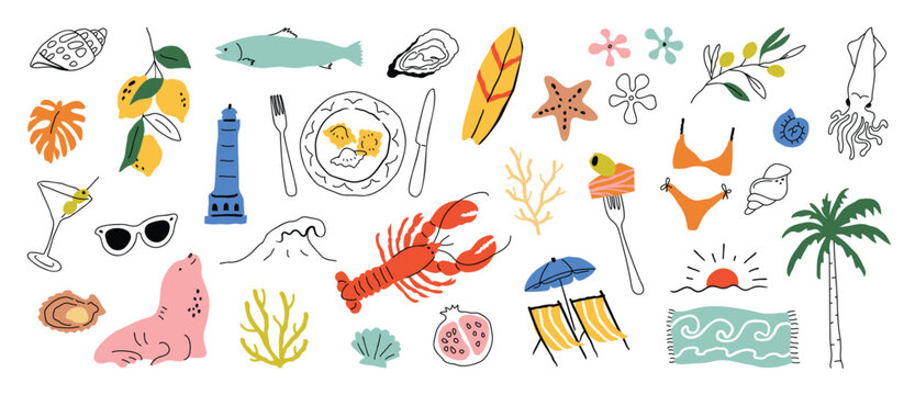 Summer and Mediterranean food doodle element design vector set. Hand drawn with fish, seal, lobster, bikini, lemon, sea wave coconut tree. Illustration for decorative, card, poster, sticker, menu.