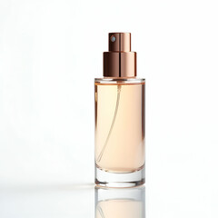 High Resolution Isolated Perfume Bottle with Rose Gold Atomizer on White Background - Elegant Glass Faceting and Empty Space for Branding