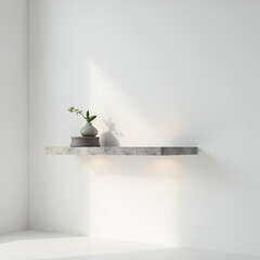 Studio photograph of a floating marble shelf affixed to a minimal white wall styled with curated decor objects and indirect LED backlighting in  Photo Stock  Concept  and empty space on the left side