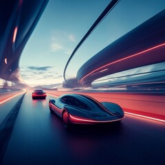 Fototapeta premium Futuristic Cars Racing Under an Artificial Sky and Clouds