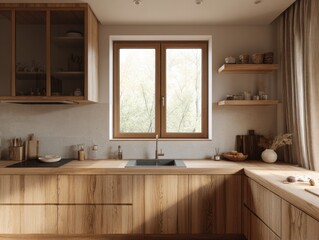A kitchen with a wooden counter and a sink. There is a window with a view of trees