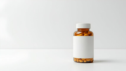 High Key Still Life of Vitamin Supplement Bottle on White Surface with Emphasized Cap Detail and Clear Label for Health Store Marketing