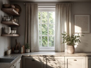 Fototapeta premium A kitchen with a window and a vase of flowers. The window is open and the curtains are drawn