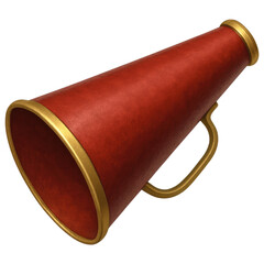 Red vintage megaphone announcement speaker with gold trim isolated transparent background