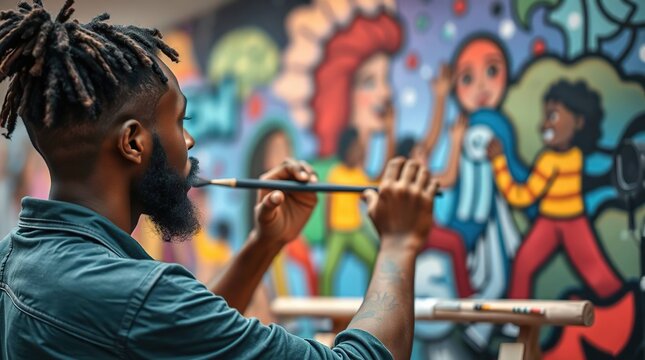 A man with dreadlocks paints mural, holding a brush. Colorful figures on the wall blurred background