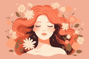 Beautiful girl with closed eyes, flowers in hair, fashion illustration, isolated background, watercolor painting.