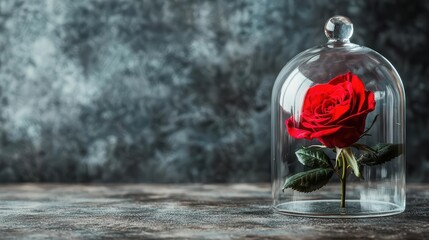 Red rose bouquet encased in a glass dome, symbol of eternal cherished love