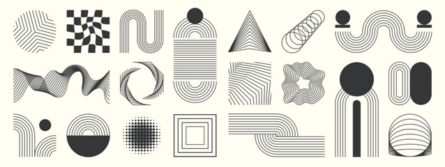 Fototapeta na wymiar Abstract minimal element mid century vector set. Aesthetic contemporary stripe line art, geometric shape in monochrome. Art form design for wall art, decoration, wallpaper.
