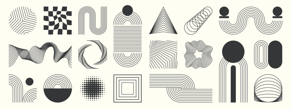 Fototapeta Abstract minimal element mid century vector set. Aesthetic contemporary stripe line art, geometric shape in monochrome. Art form design for wall art, decoration, wallpaper.