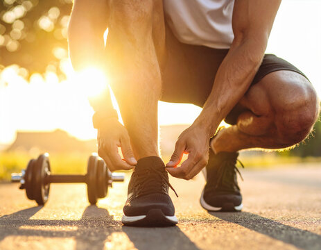 Man in athletic sneakers kneels on sunlit path, tying his shoelaces with focus and determination. dumbbell rests nearby, emphasizing his commitment to fitness and strength training