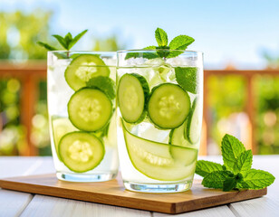 Refreshing cucumber and mint drinks served in clear glasses, perfect for hot day. vibrant green colors and fresh ingredients create delightful and invigorating experience