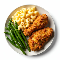 Comfort Food Flatlay: Creamy Mac and Cheese, Fried Chicken, and Green Beans on White Background - Cozy Family Meal Mood with Empty Space
