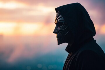 Enigmatic Masked Figure at Sunset A Silhouette of Mystery