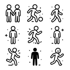 Stickman icons suitable for web design, presentations, and educational materials, each showing different actions like running, reading, and jumping.