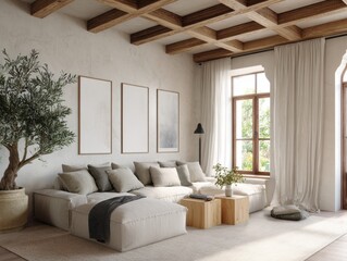 Fototapeta premium A living room with a couch, a coffee table, and a potted plant. The couch is covered in pillows and the coffee table has a vase on it