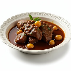 A hearty slow cooked meat dish isolated on a white background featuring tender braised beef in rich gravy served with jus pooled around the meat captured in realistic style for comforting stock imager
