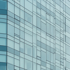 Fototapeta premium Geometric facade of a modern glass office building with repeating rectangular windows reflecting the sky. Represents contemporary architecture and corporate design. 