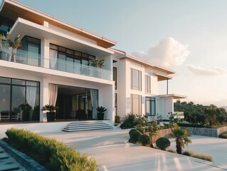 A large white house with a large front porch. The porch has a railing and a large window