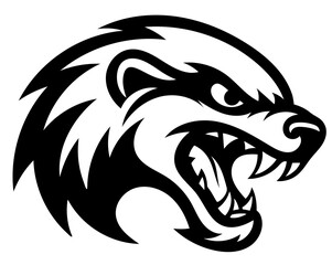 A black and white drawing of a honey badger with its mouth open