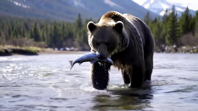 A bear wades through a river with a fish in its mouth, showcasing the raw power and survival instinct of wildlife in a pristine mountain setting.