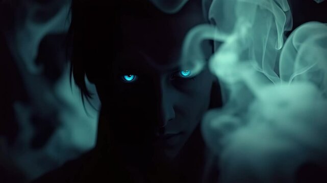 A shadowy figure with glowing blue eyes steps through thick swirling smoke, radiating an eerie and mysterious energy in the dark of night.