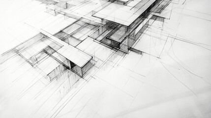Fototapeta premium Pencil drawing of precise architectural lines, blueprint design on a plain sheet of paper, monochrome style generative ai