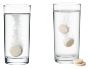 Effervescent Tablets Dissolving in Clear Water with Bubbles Rising, Showcasing the Fizzy Reaction, Isolated on Transparent and White Background