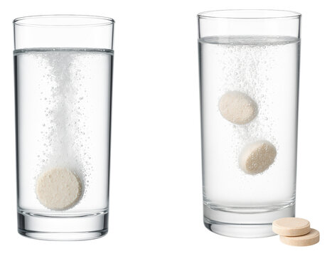 Effervescent Tablets Dissolving in Clear Water with Bubbles Rising, Showcasing the Fizzy Reaction, Isolated on Transparent and White Background