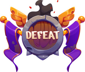 Fototapeta na wymiar Defeat game frame icon, ui asset or badge, fantasy arcade final banner. Vector level end label, pop up videogame screen. Lose battle sign with a winged round shield, black smoke and torn purple ribbon
