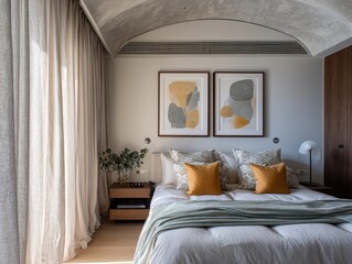Fototapeta premium A bedroom with a white bed and a wooden nightstand. The bed is covered with a white comforter and pillows. There are two framed paintings on the wall