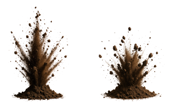 Dynamic Eruption of Soil Particles Creating Dust Clouds from Brown Earth, Captured in Suspend Mode, Isolated on Transparent and White Background