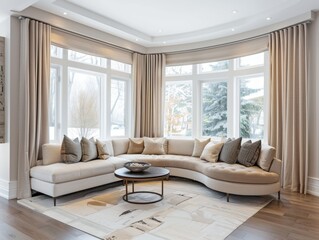 Fototapeta premium A living room with a couch and a coffee table. The couch is white and has pillows on it. There are curtains on the windows and a rug on the floor