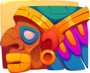 Aztec Inca Maya Mexican game icon. Cartoon tribal face. Ancient vector mask with feathers and bold color blocks. Totemic idol, spiritual, aboriginal asset with ethnic vibe for ancient civilization
