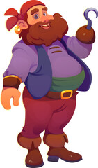 Cartoon pirate and corsair character with hook hand and big grin. Vector chubby, smiling sea thief, ship crew personage with comic expression wears purple jacket, red bandana, and rugged leather boots
