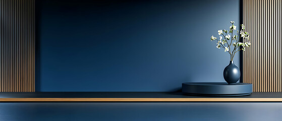 Dark Blue Interior Design With Wooden Panels And Flowers