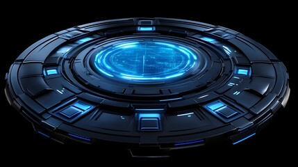 Futuristic circular disc with glowing blue details.