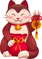 Cartoon Japanese Maneki neko cat with lucky charm. Japan culture figurine, Asian luck and wealth symbol. Maneki neko isolated vector cat with sack full of money, holding golden coin or charm in paw