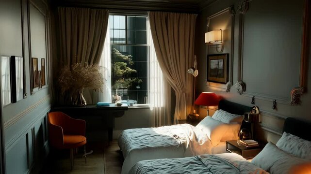 Elegant bedroom interior featuring two twin beds, natural light, muted tones and sophisticated decor in a hotel or home setting.