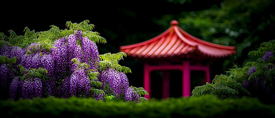 Purple Lilacs and Red Chinese Pavilion in Garden