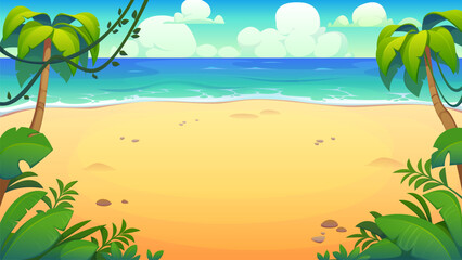 Cartoon tropical island beach landscape with coconut palms, yellow sand, blue ocean waves and bright sunny sky with fluffy clouds, jungle leaves and empty coastline. Vector game level background