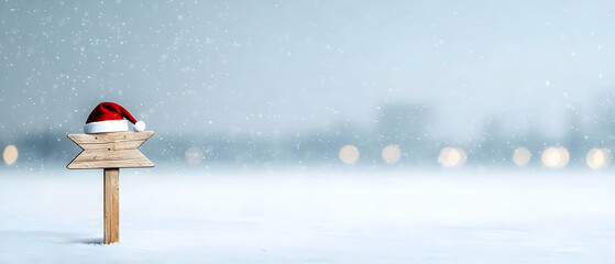 Snowy Winter Scene With Wooden Sign And Santa Hat