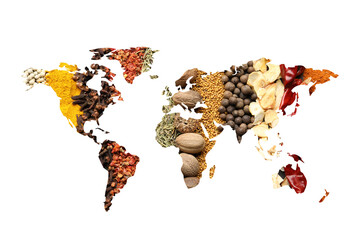 World map made of different aromatic spices on white background