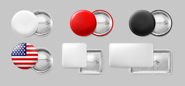 Circular and rectangular badge pins. Realistic 3d vector badges set in circle and rectangle shapes. Metal button mockups with safety pin back, glossy and matte surfaces, blank and USA flag layout