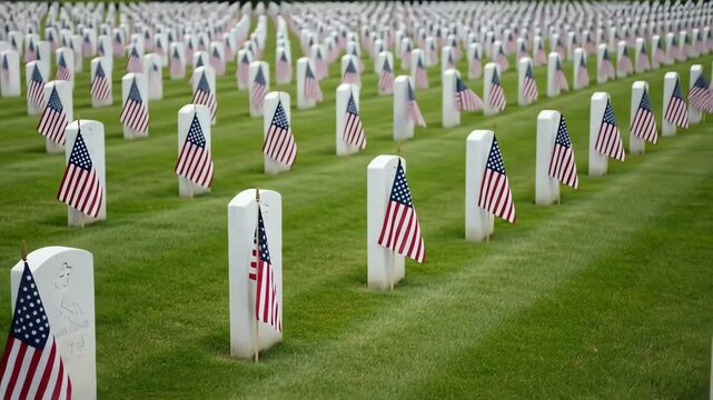 Rows of white tombstones stretch into the distance across a green lawn, each adorned with a small American flag