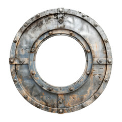 Fototapeta premium Weathered metal porthole with circular design, featuring rust and rivets, evokes sense of maritime adventure and history. This unique piece can enhance nautical themed decor