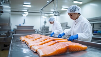 Processing fresh salmon seafood factory industrial environment professional setting culinary concept