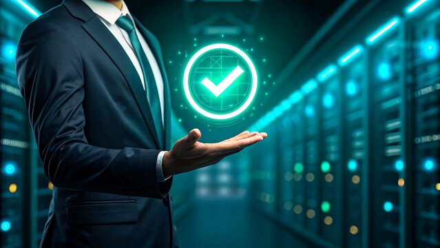 `Businessman in suit with glowing checkmark icon in data server room for cybersecurity
