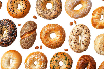 A variety of fresh bakery bagels topped with sesame seeds poppyseeds and oats perfect for breakfast or brunch isolated on a transparent background