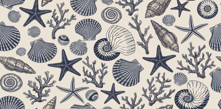 seamless pattern with blue shells starfish coral underwater ocean marine elements for nautical summer design watercolor