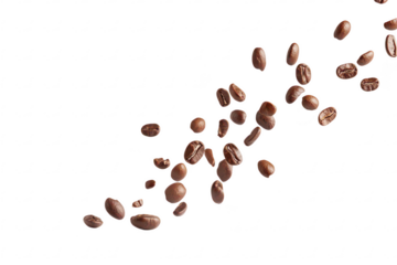 Falling roasted coffee beans in mid air showing realistic brown texture isolated on a transparent background